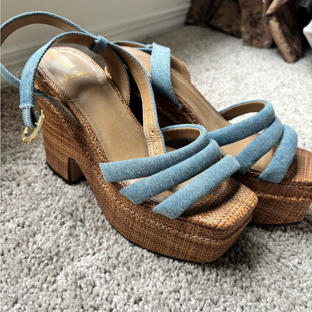 Sam Edelman Blue Denim Strap Brown Woven Platform Sandals